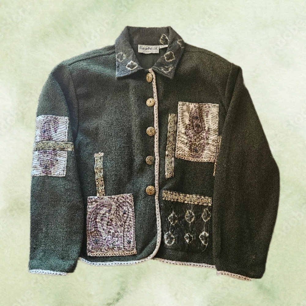 Flashback Patchwork Unique Jacket. Dark Olive. Medium.
